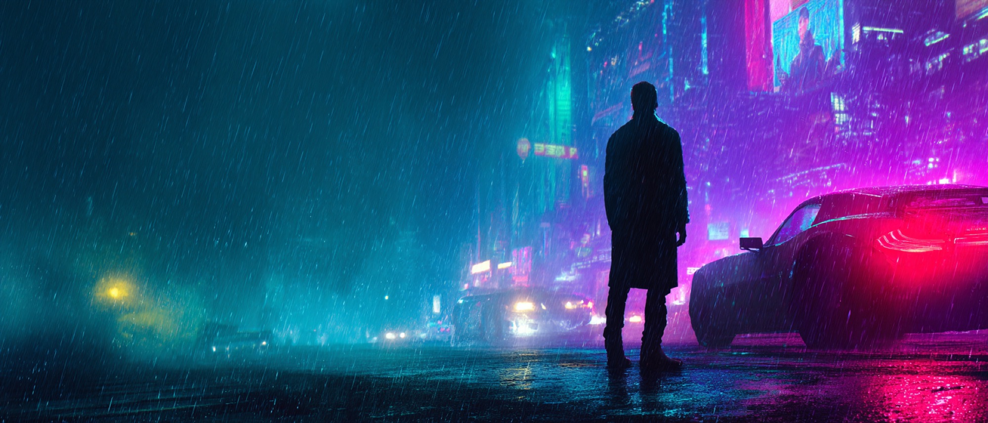 A lone figure in a rain-soaked city street at night