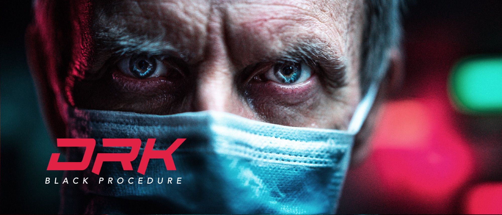 A masked surgeon's eyes lit in neon